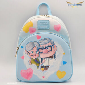 Loungefly Disney Pixar Up Carl & Ellie Hearts Love Couple Blue Mini Backpack Bag